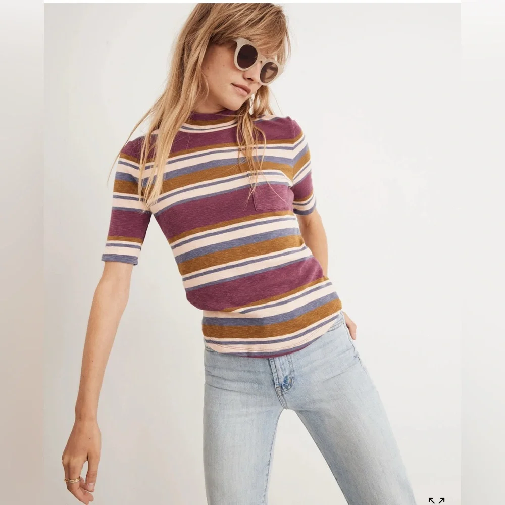 Madewell Cotton Blend Mockneck Shirttail Tee in Champagne Stripes size small GUC - Picture 1 of 9